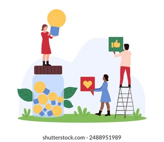 Customer review to blogger content, innovation project in social media. Tiny people collect light bulbs in jar, give positive feedback, likes and comments to creative idea cartoon vector illustration