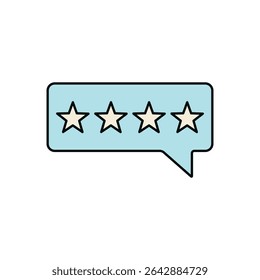 Customer review bubble with four star rating, blue feedback icon in flat cartoon style