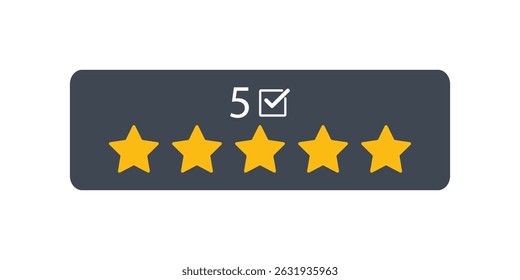 Customer review by five star feedback. Five star rating displayed. Good rating concept.