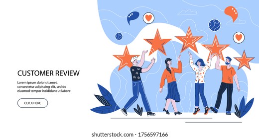 Customer review and clients ranking feedback web page template. cartoon set. Technical customers support and  hotline for clients loyalty program and  customer care. Vector cartoon illustration.