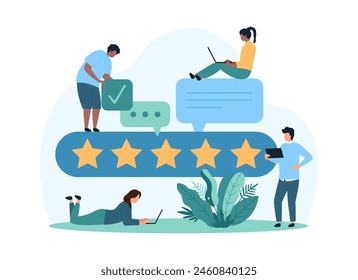 Revisión del Cliente, comentario y cinco estrellas Comentarios de la experiencia de los clientes, Encuesta de satisfacción. La gente pequeña da opinión sobre la elección y califica la Ilustración vectorial de dibujos animados en línea de calidad del producto
