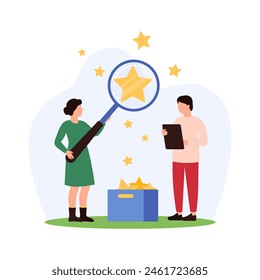 Customer review, comparison of user opinions, satisfaction and experiences about product. Tiny people looking through magnifying glass at golden stars flying out of box cartoon vector illustration