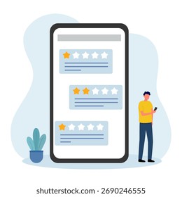 Concepto de queja de revisión del Cliente. Comentarios del usuario en la pantalla del teléfono móvil en diseño plano. 