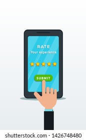 Customer review concept. 5 star rating isolated on smartphone screen with hand finger click on submit button. Online feedback, testimonial, service quality. Design element for banner, promotion