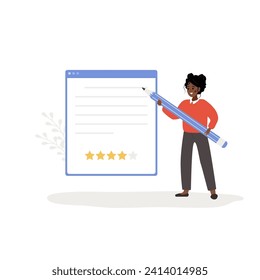 Customer review concept. African woman holding huge pen and leaving comment with four stars rating. Girl standing near big dialog window in application with feedback. Vector cartoon illustration.