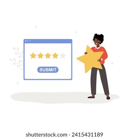 Customer review concept. African woman holding star and giving five stars rating. Dialog window in application with feedback. Positive response. Vector illustration in flat cartoon style.