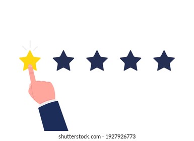 Customer review concept. Bad rate, negative experience. Feedback, reputation and quality concept. Hand pointing, finger push to one star rating. Vector.