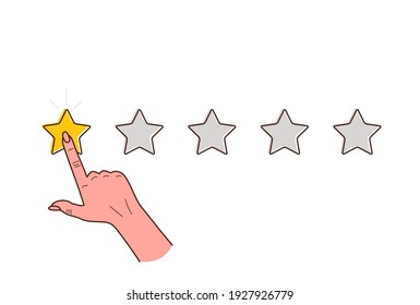 Customer review concept. Bad rate, negative experience. Female hand on star. Vector hand drawn illustration.