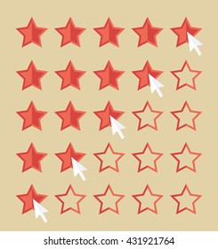 Customer review concept. Cursor arrow choosing rating stars. Flat design vector for web