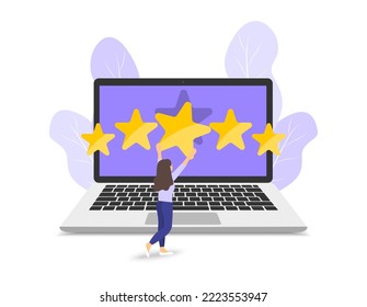 Customer review concept. Feedback. Character giving five star. Stars rating. Satisfaction rating and customer feedback. Vector Illustrations.