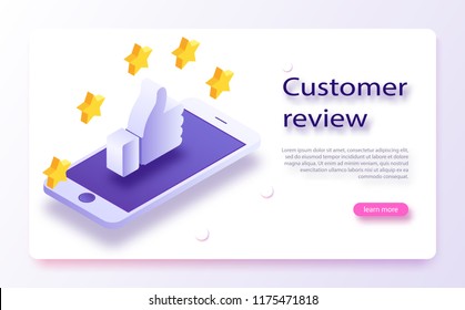 Customer review concept. Feedback, reputation and quality concept. Hand pointing, finger pointing to five star rating. Customer review, Usability Evaluation, Feedback, Rating system isometric concept.