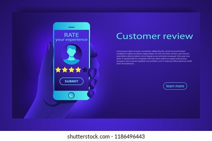 Customer review concept. Feedback, reputation and quality concept. Review rating on mobile phone vector illustration. Customer review, Usability Evaluation, Feedback, Rating system concept.