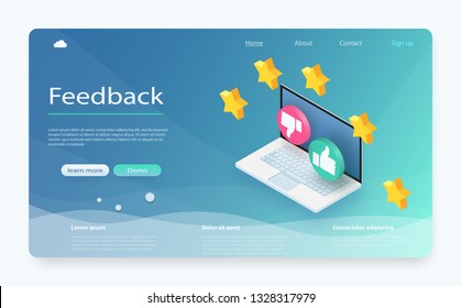 Customer review concept. Feedback, reputation and quality concept. Feedback or rating concept banner. Laptop with reviews stars rate, feedback evaluation. Rating system isometric concept.