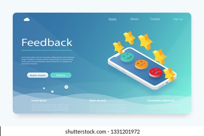 Customer review concept. Feedback, reputation and quality concept. Feedback or rating concept banner. Smartphone with reviews stars rate, feedback evaluation. Rating system isometric concept.