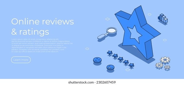 Customer review concept. Feedback, reputation and quality concept. Five star feedback in isometric style. Online reviews and ratings. Vector illustration concept