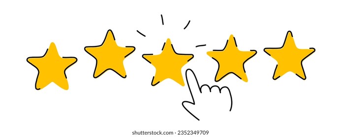 Concepto de revisión de clientes. Opiniones, reputación y concepto de calidad. Dedo señalando la clasificación de cinco estrellas