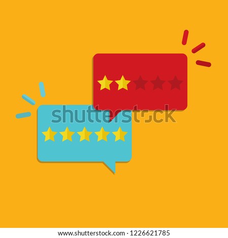 Customer review, concept of feedback, testimonials, online survey, rating stars, positive and negative comments, chat bubble speeches