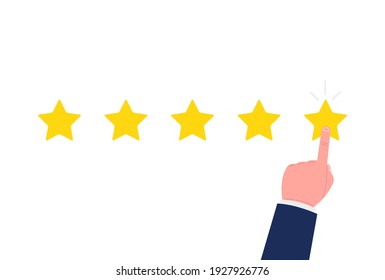 Customer Review Concept. Good Rate, Positive Experience. Feedback, Reputation And Quality Concept. Hand Pointing, Finger Push To One Star Rating. Vector.