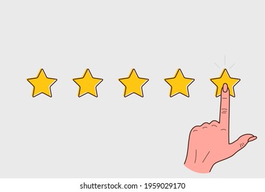 Customer review concept. Good rate, positive experience. Female hand on star. Vector hand drawn illustration.