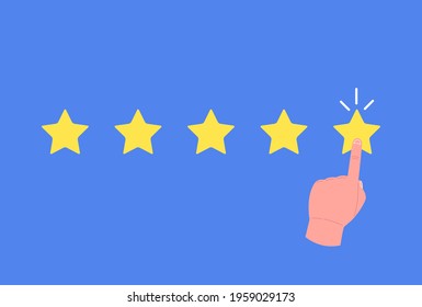 Customer review concept. Good rate, positive experience. Hand pointing, finger push to one star rating. Vector.