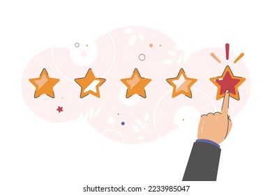 Konzept der Kundenüberprüfung Gute Rate, positive Erfahrung. Feedback, Ruf und Qualitätskonzept. Handzeig, Fingerdruck auf eine Sternwertung. Service, Qualität, Ergebnis. Flach, Vektorgrafik.