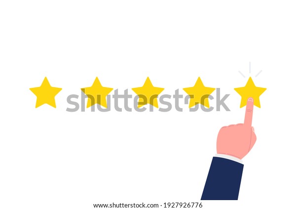 Customer review concept. Good rate,\
positive experience. Feedback, reputation and quality concept. Hand\
pointing, finger push to one star rating.\
Vector.