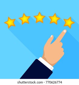 Customer review concept. Hand gives a five star. Rating golden stars. Feedback, reputation and quality. Flat vector illustration.