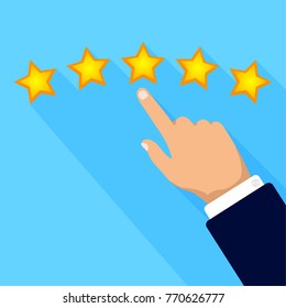 Customer review concept. Hand gives a three star. Rating golden stars. Feedback, reputation and quality. Flat vector illustration.