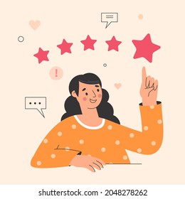 Customer review concept illustration, woman giving five stars feedback, flat vector style