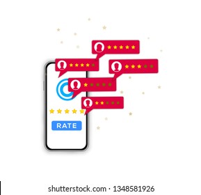 Customer review concept. Online feedback, service quality, user experience rate concept on smartphone screen isolated on white background. Vector illustration