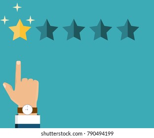 Customer review concept. Rating golden stars. Feedback, reputation and quality concept. Hand pointing, finger pointing to five star rating.1 golden star rating. Vector Illustration. flat style.
