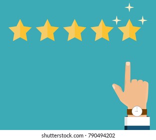 Customer review concept. Rating golden stars. Feedback, reputation and quality concept. Hand pointing, finger pointing to five star rating.5 golden stars rating. Vector Illustration. flat style.