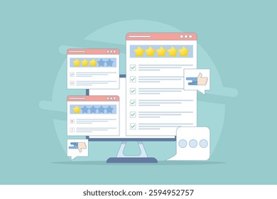 Customer Review Concept, Satisfaction, Feedback. Analysis of customer comments with different experiences. Efforts to improve product service ratings, surveys, reviews, opinions. Flat illustration.