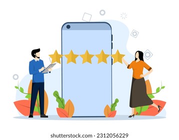 Concepto de Revisión del Cliente, Mostrando diferentes personas que dan calificación de revisión, comentarios del cliente sobre satisfacción. para página de inicio, ui, web, app, editorial, volante y banner, Vector Illustration.