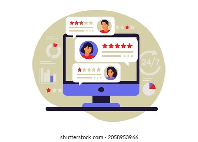 Concept d'examen client. Commentaires des utilisateurs. Évaluation d'un employé. Étoile. Illustration vectorielle. Plat.