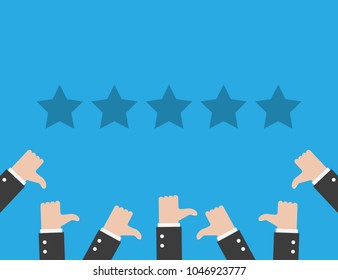 Customer review concept. Vector illustration. Rating golden stars. Feedback, reputation, review. Poor, bad rating. Thumb down, dislike flat icon. Hand icon.