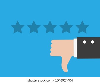 Customer review concept. Vector illustration. Rating golden stars. Feedback, reputation, review. Poor, bad rating. Thumb down, dislike flat icon. Hand icon.
