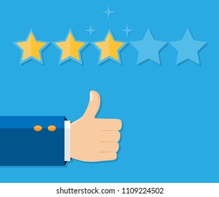 Customer review concept. Vector illustration. Rating golden stars. Feedback, reputation, review. Three  stars rating. Thumb up, like flat icon. Hand icon.