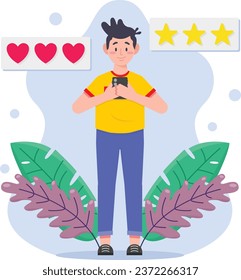 Customer review concept. Vector illustration in flat cartoon style. Man with a phone and a rating.