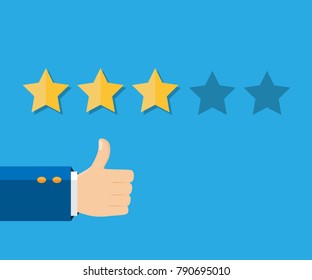 Customer review concept. Vector illustration. Rating golden stars. Feedback, reputation, review. Four stars rating. Thumb up, like flat icon. Hand icon. 