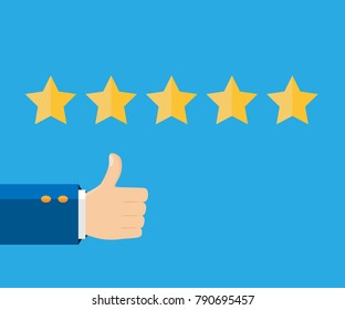 Customer review concept. Vector illustration. Rating golden stars. Feedback, reputation, review. Five stars rating. Thumb up, like flat icon. Hand icon.