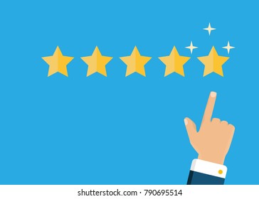 Customer review concept. Vector illustration. Rating golden stars. Feedback, reputation and quality concept. Hand pointing, finger pointing. Five stars rating.