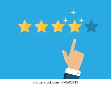 Customer review concept. Vector illustration. Rating golden stars. Feedback, reputation and quality concept. Hand pointing, finger pointing. Four stars rating.