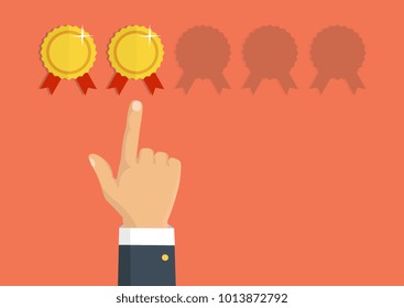 Customer review concept. Vector. Rating golden stars. Feedback, reputation and quality concept. Hand pointing, finger pointing to five star rating.