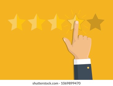 Customer review concept. Vector. Rating golden stars. Feedback, reputation and quality concept. Hand pointing, finger pointing to five star rating. 