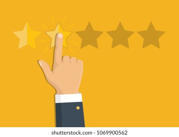 Customer review concept. Vector. Rating golden stars. Feedback, reputation and quality concept. Hand pointing, finger pointing to five star rating. 