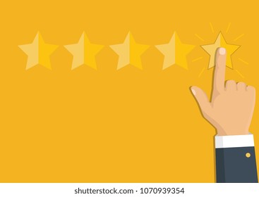 Customer review concept. Vector. Rating golden stars. Feedback, reputation and quality concept. Hand pointing, finger pointing to five star rating. 