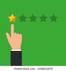 Customer review concept. Vector. Rating golden stars. Feedback, reputation and quality concept. Hand pointing, finger pointing to five star rating.