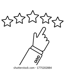Konzept der Kundenüberprüfung Vektorgrafik. Bewertung der goldenen Sterne Symbol. Feedback-Zeichen, Ruf und Qualitätszeichen. Handzeige, Fingerzeig auf fünf Sterne.
