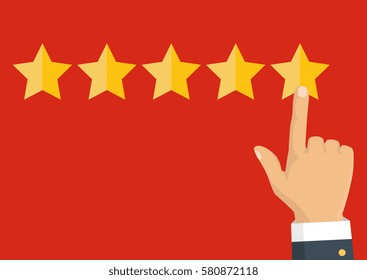Customer review concept. Vector. Rating golden stars. Feedback, reputation and quality concept. Hand pointing, finger pointing to five star rating. 